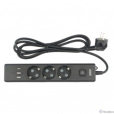 PowerCube Бытовой удлинитель (PC-6B-2M) 3р с/з вык.,3USB, 3500 Вт, 16А, 1.9 м, 3*1,0 (черный) {22310}