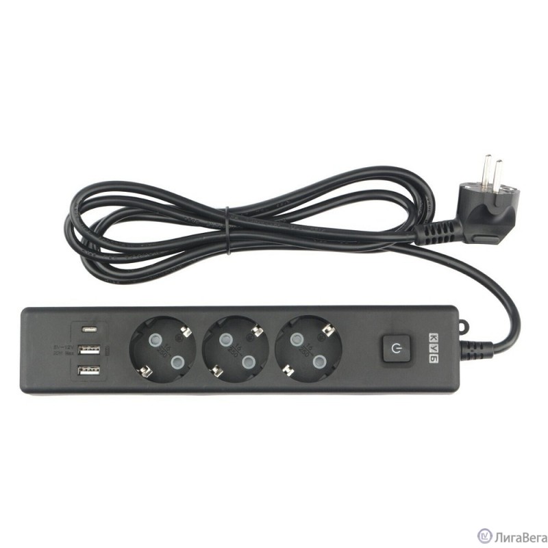 PowerCube Бытовой удлинитель (PC-6B-2M) 3р с/з вык.,3USB, 3500 Вт, 16А, 1.9 м, 3*1,0 (черный) {22310}