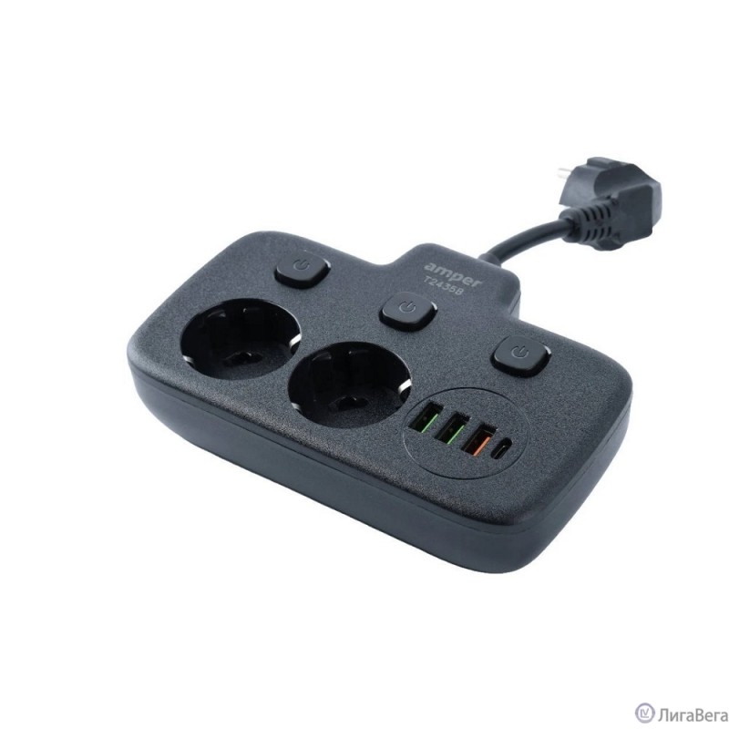 Amper сетевой удлинитель, 0,2м, 2 розетки, 3*0,75мм, 10А, 2500 Вт, 3usb, 1Type-C, 3кн, черный. [T2435B]
