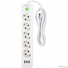 Amper сетевой удлинитель, 2,0м, 5 розеток, 10А, 2500 Вт, 3usb, белый. [JH-1033U-2W]