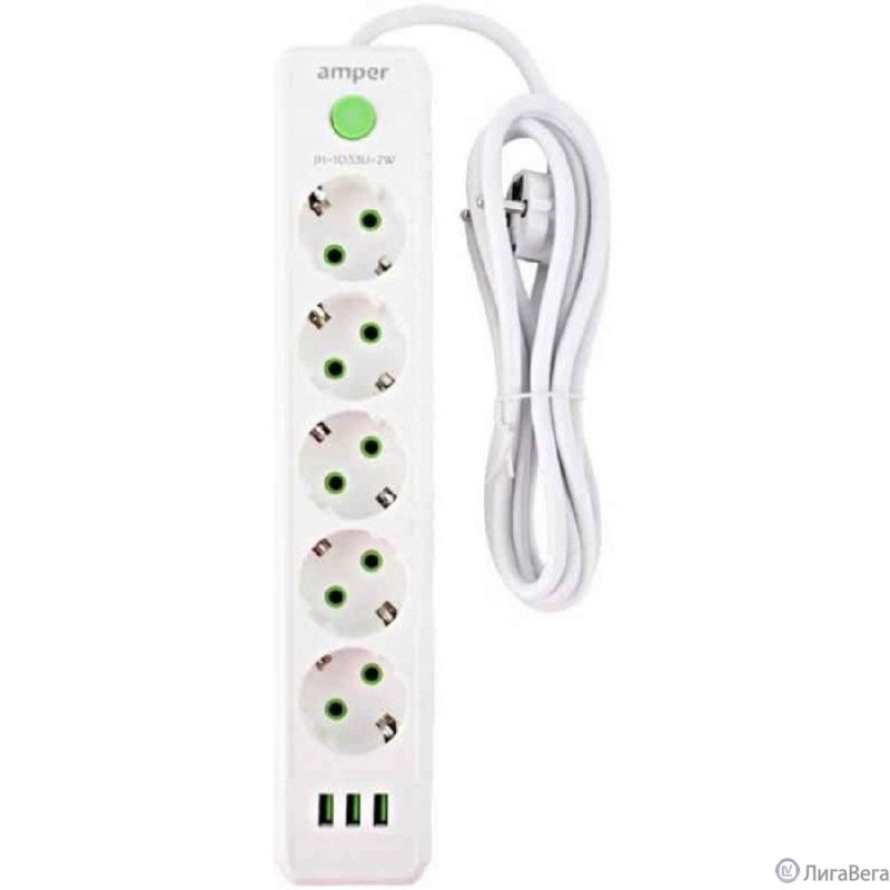 Amper сетевой удлинитель, 2,0м, 5 розеток, 10А, 2500 Вт, 3usb, белый. [JH-1033U-2W]