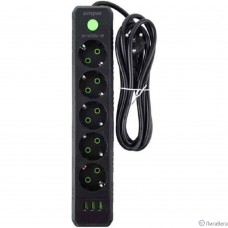 Amper сетевой удлинитель, 2,0м, 5 розеток, 10А, 2500 Вт, 3usb, черный. [JH-1033U-2B]