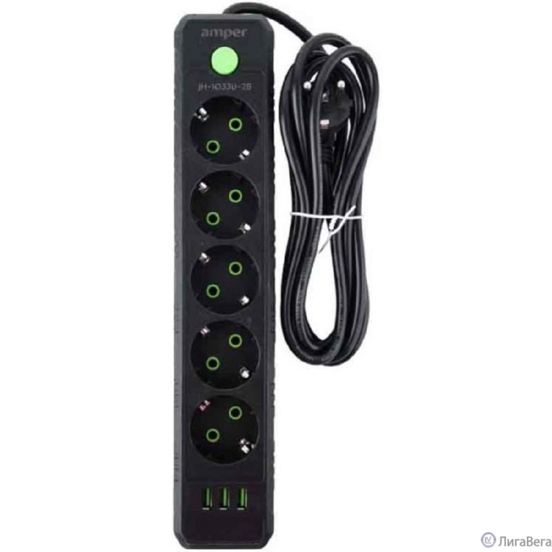 Amper сетевой удлинитель, 2,0м, 5 розеток, 10А, 2500 Вт, 3usb, черный. [JH-1033U-2B]