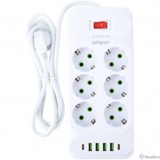 Amper сетевой удлинитель, 2,0м, 6 розеток, 10А, 2500 Вт, 4usb,2Type-C, белый. [JH-1076U-2W]