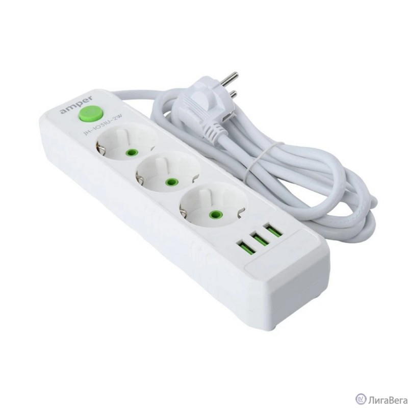 Amper сетевой удлинитель, 4,0м, 3 розетки, 10А, 2500 Вт, 3usb, белый. [JH-1031U-4W]