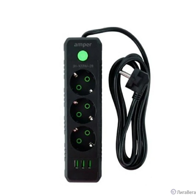 Amper сетевой удлинитель, 4,0м, 3 розетки, 10А, 2500 Вт, 3usb, черный. [JH-1031U-4B]