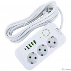 Amper сетевой удлинитель, 4,0м, 3 розетки, 3*0,75мм, 10А, 2500 Вт, 4usb, 1Type-C, белый. [JH-1074U-4W]