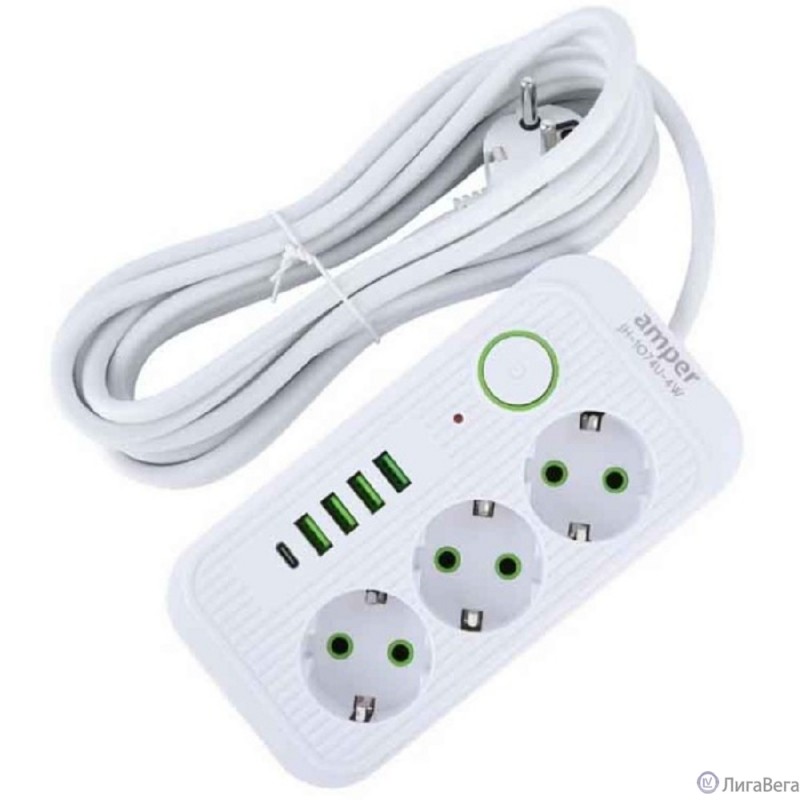 Amper сетевой удлинитель, 4,0м, 3 розетки, 3*0,75мм, 10А, 2500 Вт, 4usb, 1Type-C, белый. [JH-1074U-4W]
