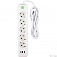Amper сетевой удлинитель, 4,0м, 5 розеток, 10А, 2500 Вт, 3usb, белый. [JH-1033U-4W]