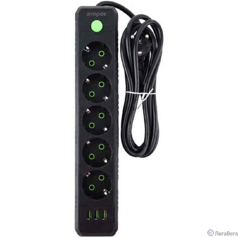 Amper сетевой удлинитель, 4,0м, 5 розеток, 10А, 2500 Вт, 3usb, черный. [JH-1033U-4B]