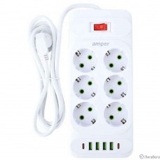 Amper сетевой удлинитель, 4,0м, 6 розеток, 10А, 2500 Вт, 4usb,2Type-C, белый. [JH-1076U-4W]