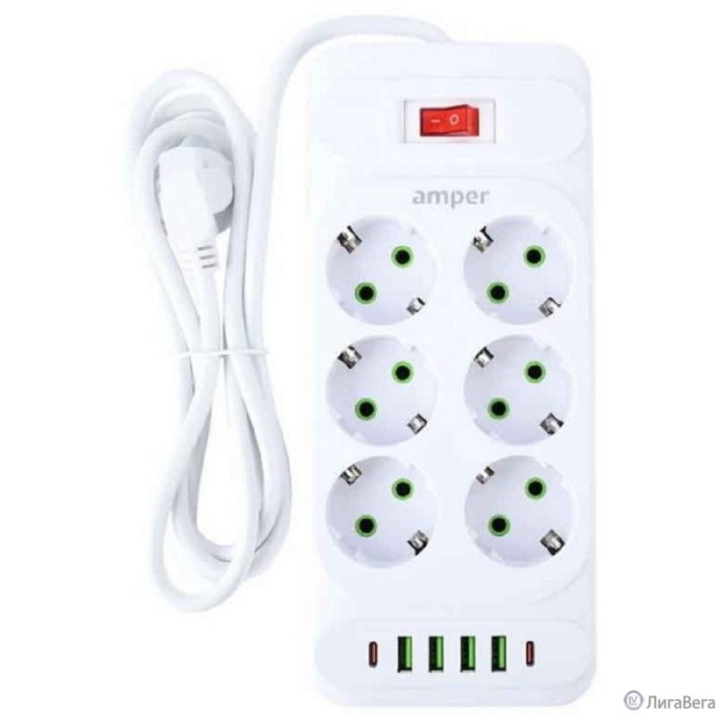 Amper сетевой удлинитель, 4,0м, 6 розеток, 10А, 2500 Вт, 4usb,2Type-C, белый. [JH-1076U-4W]