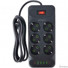 Amper сетевой удлинитель, 4,0м, 6 розеток, 10А, 2500 Вт, 4usb,2Type-C, черный. [JH-1076U-4B]
