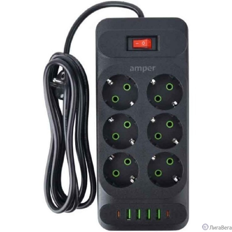 Amper сетевой удлинитель, 4,0м, 6 розеток, 10А, 2500 Вт, 4usb,2Type-C, черный. [JH-1076U-4B]
