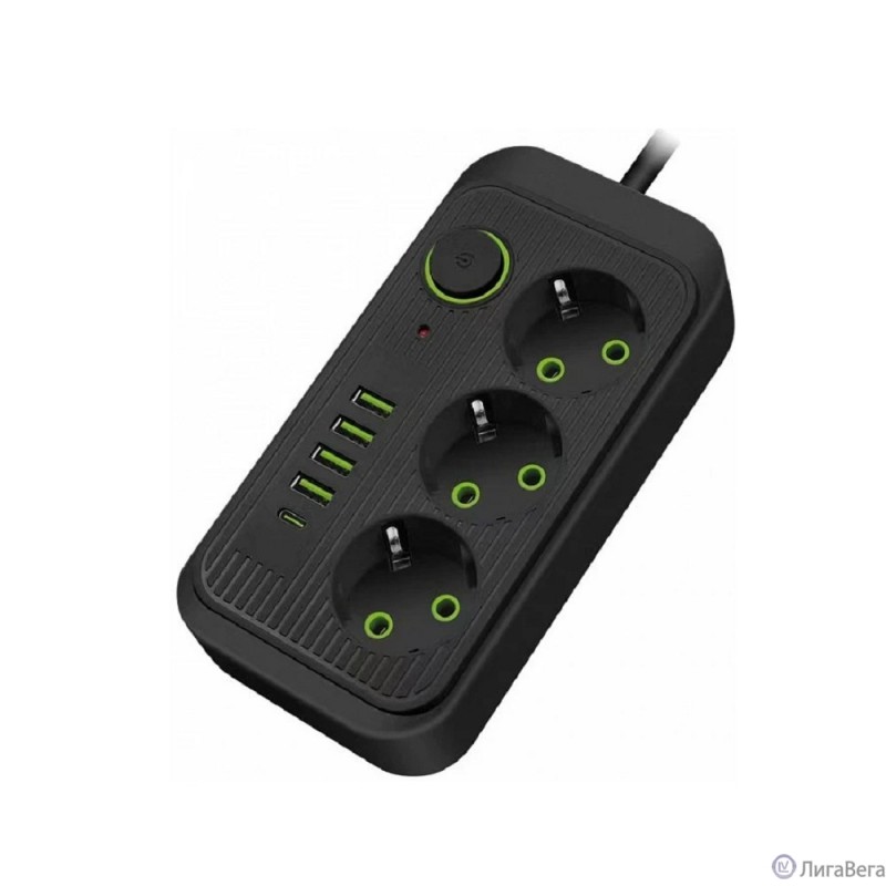 Amper сетевой удлинитель,4,0м, 3 розетки, 3*0,75мм, 10А, 2500 Вт, 4usb, 1Type-C, черный. [JH-1074U-4B]
