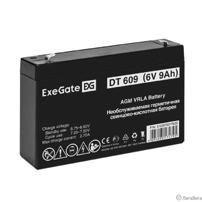 Exegate EX297507RUS Аккумуляторная батарея DT 609 (6V 9Ah, клеммы F2) Exegate EX297507RUS Аккумуляторная батарея DT 609 (6V 9Ah, клеммы F2)