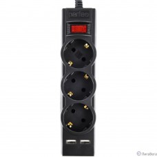Perfeo сетевой фильтр ″POWER-S″, 1,8м, 3 розетки 10А, 2USB, 2500 Вт, двойная защита, черный.