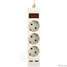 Perfeo сетевой фильтр ″POWER-S″, 3,0м, 3 розетки 10А, 2USB, 2500 Вт, двойная защита, серый.
