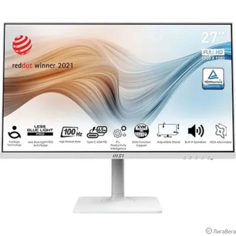 MSI Modern 27″ MD272XPW {IPS 1920x1080 100Hz 1ms 1000:1 300cd 178/178 HDMI1.4 DisplayPort1.2 USB-C 2xUSB Speaker HAS Pivot White(white cable)}