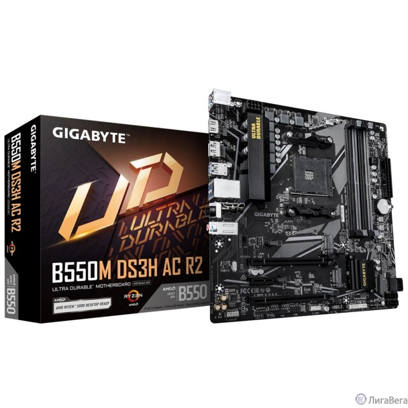 Материнская плата Gigabyte B550M DS3H AC R2 Soc-AM4 AMD B550 4xDDR4 mATX AC`97 8ch(7.1) GbLAN RAID+HDMI+DP