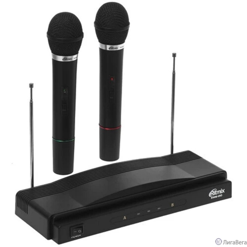 RITMIX RWM-210 {2 микрофона: 87.5 МГц - 92 МГц; раб. частоты: 100 Гц - 10 000 Гц;Чувств.: -30 дБ +/-3 дБ; пит. системы: AC 220 в  / 500 мА}