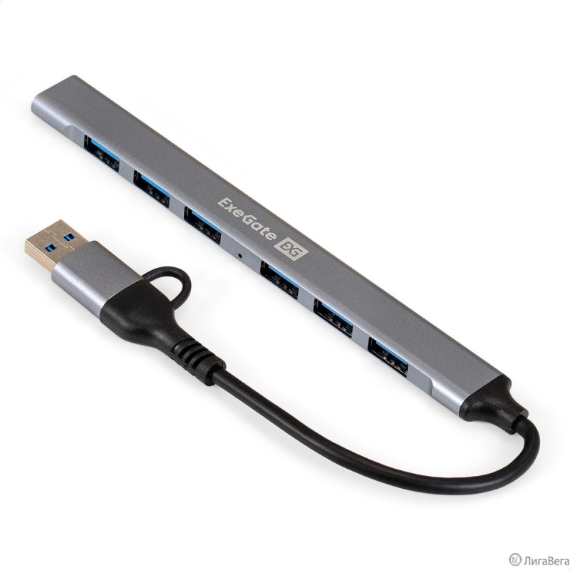 Exegate EX299790RUS USB-Хаб (концентратор) 7-в-1 ExeGate DUB-761C3 (кабель-адаптер USB Type-A + Type-C --> 6xUSB2.0, 1xUSB3.0, Plug&Play, серебристый)