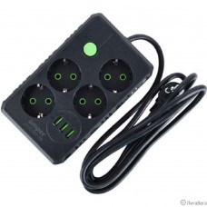 Amper сетевой удлинитель, 2,0м, 4 розетки, 10А, 2500 Вт, 3usb, черный.