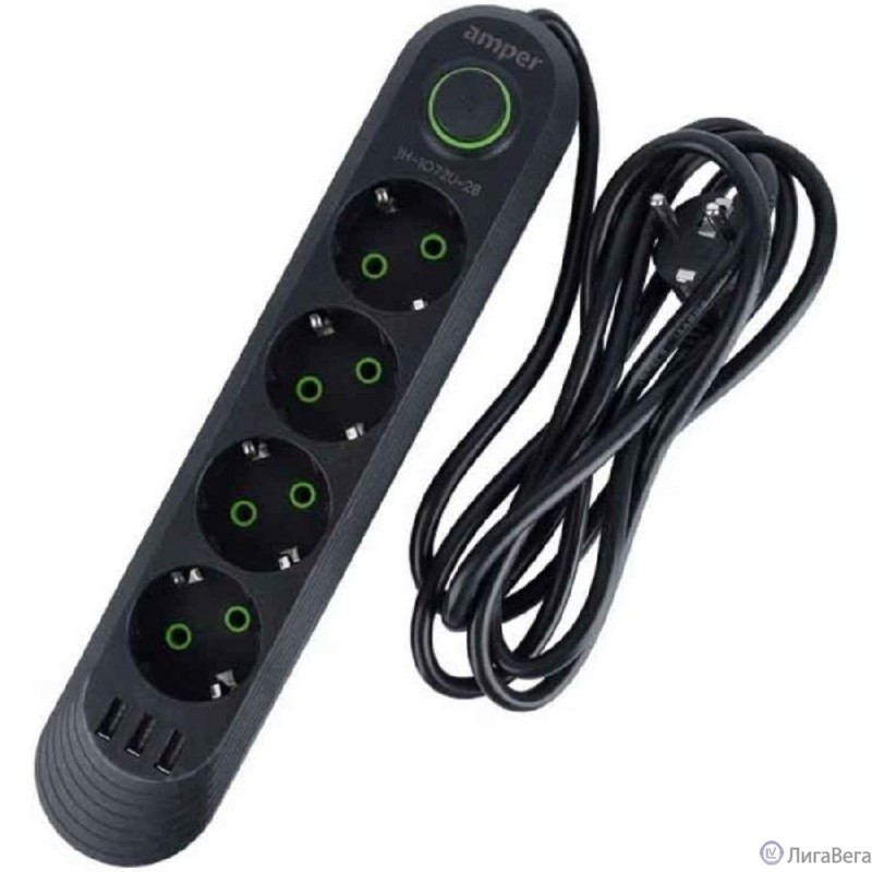 Amper сетевой удлинитель, 2,0м, 4 розетки, 3*0,75мм, 10А, 2500 Вт, 3usb, черный. Amper сетевой удлинитель, 2,0м, 4 розетки, 3*0,75мм, 10А, 2500 Вт, 3usb, черный.