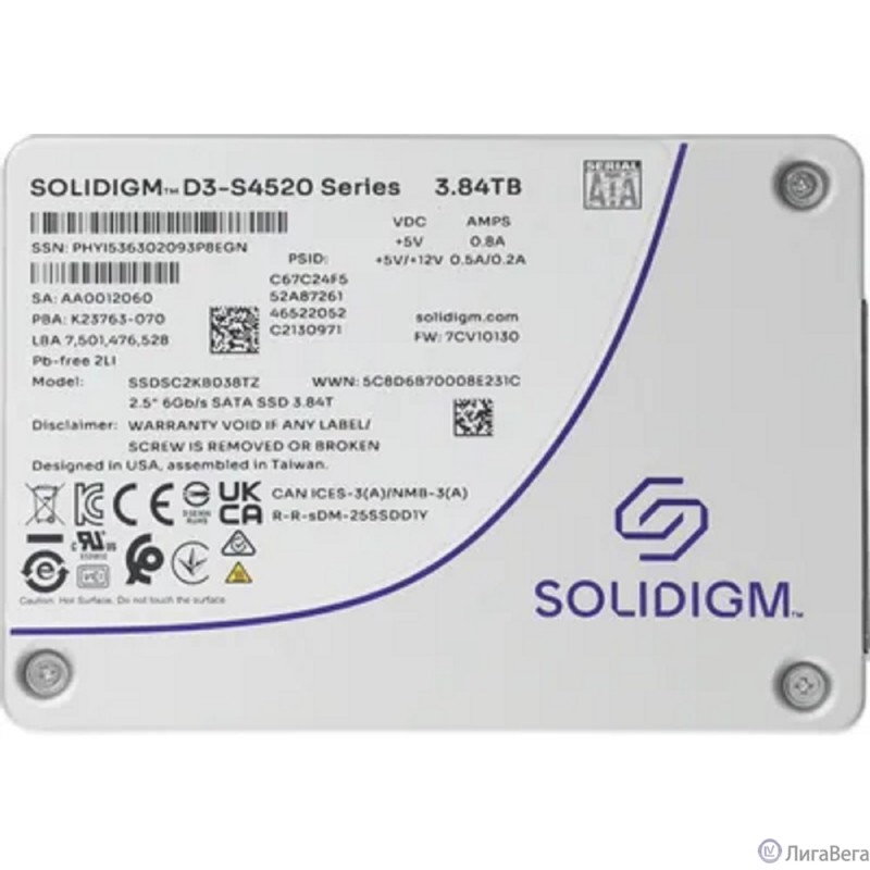 Накопитель Solidigm SSD D3-S4520 Series, 3840GB, 2.5″ 7mm, SATA3, TLC, R/W 550/510MB/s, IOPs 92 000/31 000, TBW 15300, DWPD 2 (12 мес.) Накопитель Solidigm SSD D3-S4520 Series, 3840GB, 2.5″ 7mm, SATA3, TLC, R/W 550/510MB/s, IOPs 92 000/31 000, TBW 15300, DWPD 2 (12 мес.)