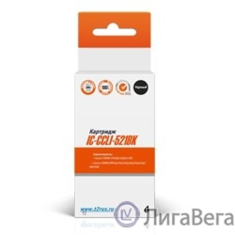 T2 CLI-521BK (IC-CCLI-521BK) Картридж для Canon MP540/620/630/980/PIXMA iP4700, черный, с чипом