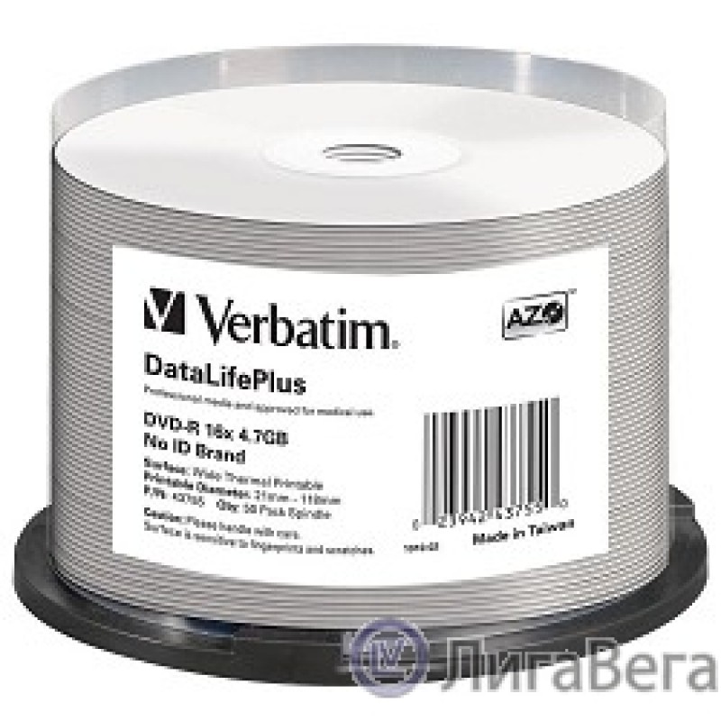 Verbatim  Диски DVD-R  4.7Gb 16-х, Cake Box 50шт. Printable (43755) Verbatim  Диски DVD-R  4.7Gb 16-х, Cake Box 50шт. Printable (43755)