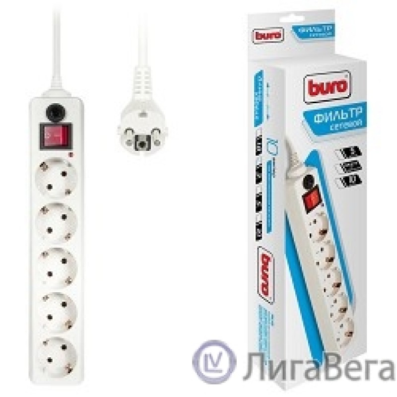 BURO Сетевой фильтр, 5 розеток, 3 метра, (500SH-3-W), белый (коробка) {992290}
