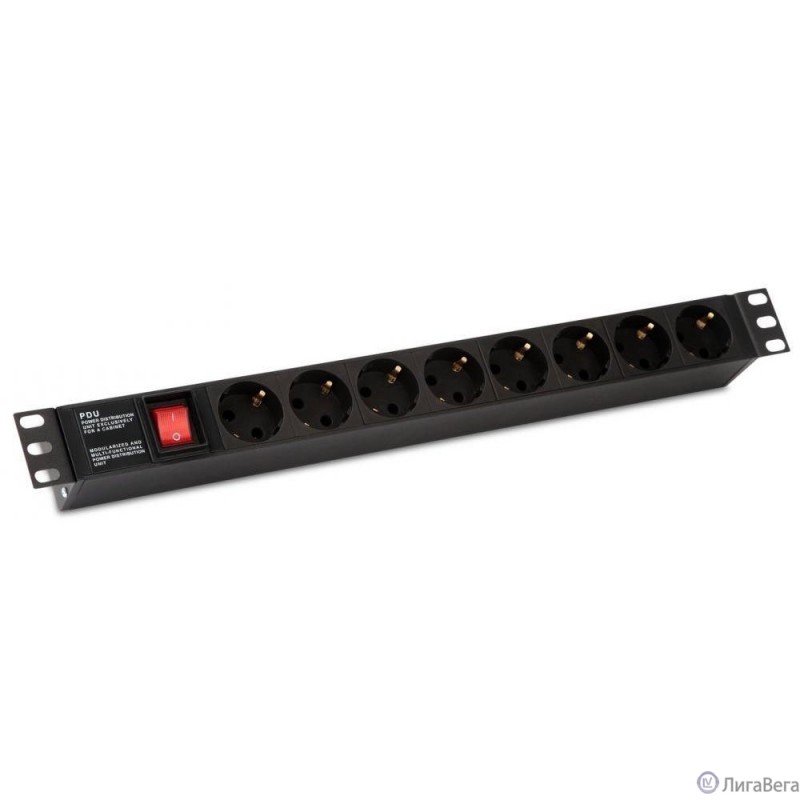 Hyperline SHE19-8SH-S-IEC Блок розеток для 19″ шкафов, горизонтальный, с выключателем с подсветкой, 8 розеток Schuko (10А), 250В, без кабеля питания, входная розетка IEC 60320 C14, 482.6х44.4х44.4мм