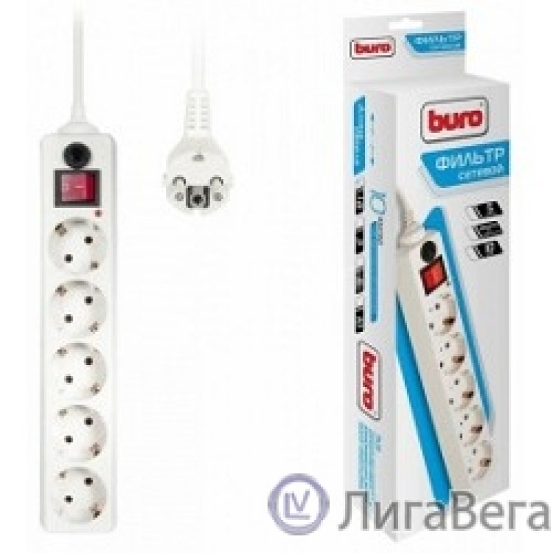BURO Сетевой фильтр, 5 розеток, 1.8 метра, (500SH-1.8-W), белый (коробка) {992284} BURO Сетевой фильтр, 5 розеток, 1.8 метра, (500SH-1.8-W), белый (коробка) {992284}