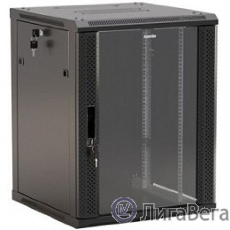 Hyperline TWB-FC-1566-GP-RAL9004 Шкаф настенный 19-дюймовый (19″), 15U, 775х600х600мм, стеклянная дверь с перфорацией по бокам, ручка с замком, с возможностью установки на ножки, цвет черный RAL 9004 