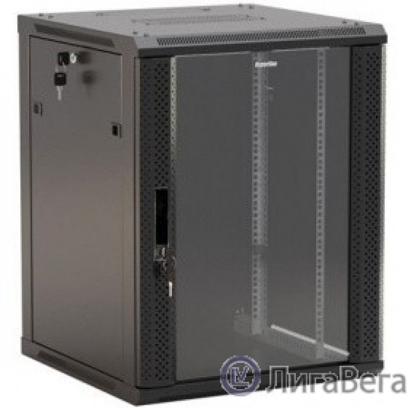 Hyperline TWB-1266-GP-RAL9004 Шкаф настенный 19-дюймовый (19″), 12U, 650x 600х 600мм, стеклянная дверь с перфорацией по бокам, ручка с замком, цвет черный (RAL 9004) (разобранный)