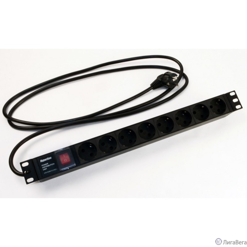 Hyperline SHE19-8SH-S-2.5EU Блок розеток для 19″ шкафов, горизонтальный, с выключателем с подсветкой, 8 розеток Schuko (16A), 250В, кабель питания 3х1.5мм2, длина 2.5 м, с вилкой Schuko, 482.6x44.4x44