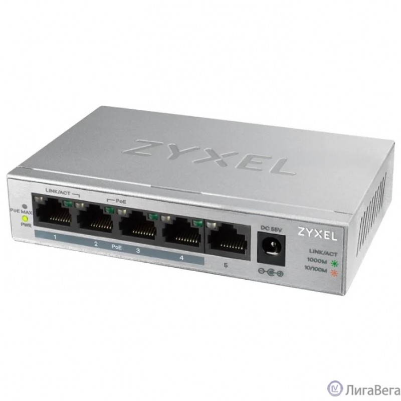 ZYXEL GS1005HP-EU0101F PoE+ коммутатор GS1005HP, 5xGE (4xPoE+), настольный, металлический, бесшумный, бюджет PoE 60 Вт ZYXEL GS1005HP-EU0101F PoE+ коммутатор GS1005HP, 5xGE (4xPoE+), настольный, металлический, бесшумный, бюджет PoE 60 Вт