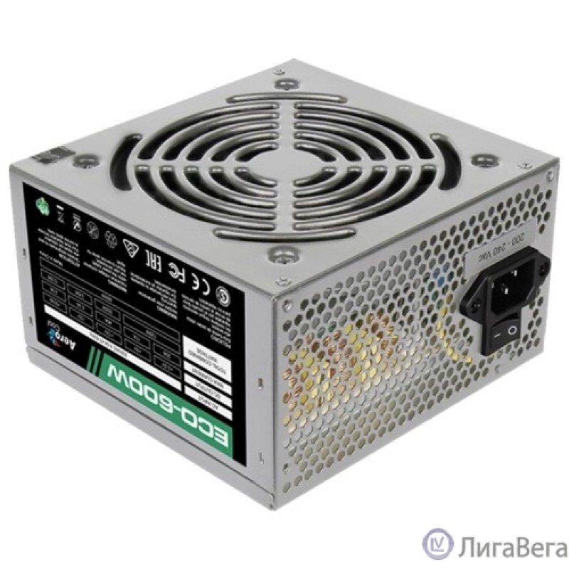 Aerocool 600W Retail ECO-600W ATX v2.3 Haswell, fan 12cm, 400mm cable, power cord, 20+4P, 12V 4+4P, 1x PCI-E 6+2P, 4x SATA, 3x PATA, 1x F