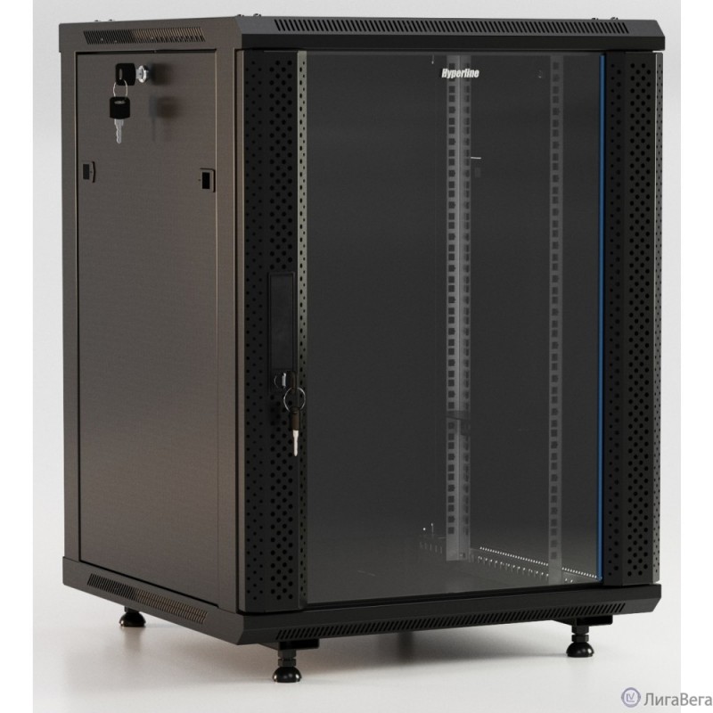 Hyperline TWB-FC-1266-GP-RAL9004 Шкаф настенный 19-дюймовый (19″), 12U, 650x600x600 мм, стеклянная дверь с перфорацией по бокам, ручка с замком, с возможностью установки на ножки, цвет черный RAL 9004