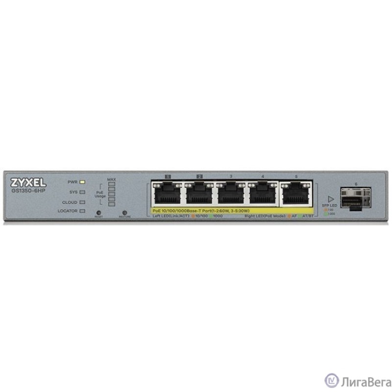 ZYXEL GS1350-6HP-EU0101F L2 коммутатор PoE+ для IP-видеокамер 4xGE PoE+, 1xGE PoE++ (802.3bt), 1xSFP, бюджет PoE 60 Вт, дальность передачи питания до 250 м, автоперезагрузка PoE-портов