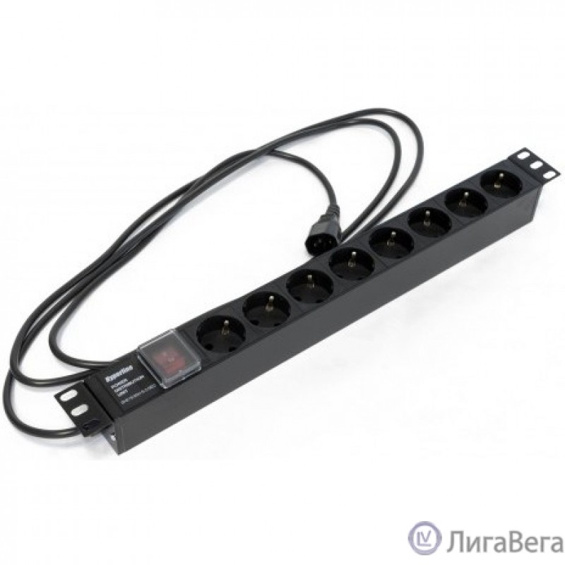 Hyperline SHE19-8SH-S-2.5IEC Блок розеток для 19″ шкафов, горизонтальный, с выключателем с подсветкой, 8 розеток Schuko (10A), 250В, кабель питания 3х1.0мм2, длина 2.5 м, с вилкой IEC 320 C14, 482.6x4