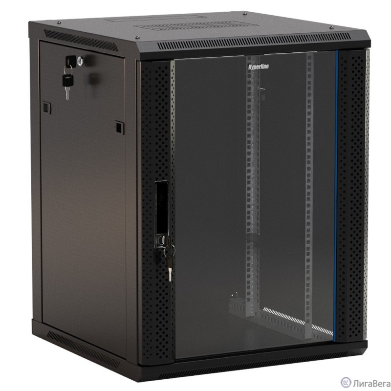Hyperline TWB-0966-SR-RAL9004 шкаф настенный 19-дюймовый (19″), 9U, 500x600x600 мм, металлическая передняя дверь с замком, две боковые панели, цвет черный (RAL 9004) (разобранный)