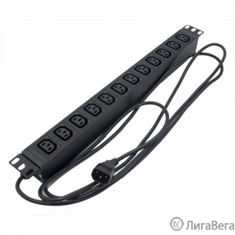 Hyperline SHE19-12IEC-2.5IEC Блок розеток для 19″ шкафов, горизонтальный, 12xIEC 320 C13, 10A, 250В, кабель питания 3х1.0мм2, длина 2.5 м, с вилкой IEC 320 C14, 482.6x44.4x44.4мм (ДхШхВ)