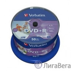 Verbatim  Диски DVD+R  4.7Gb 16-х, Wide Photo InkJet Printable,  50 шт, Cake Box (43512 )
