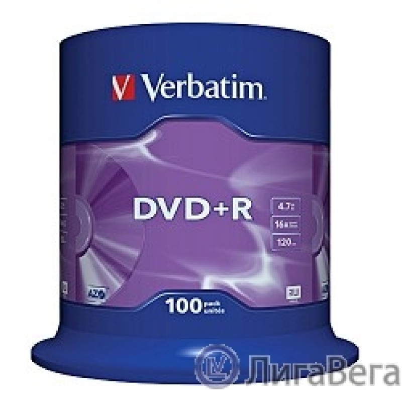 Verbatim  Диски DVD+R  4.7Gb 16-х, 100шт, Cake Box (43551)