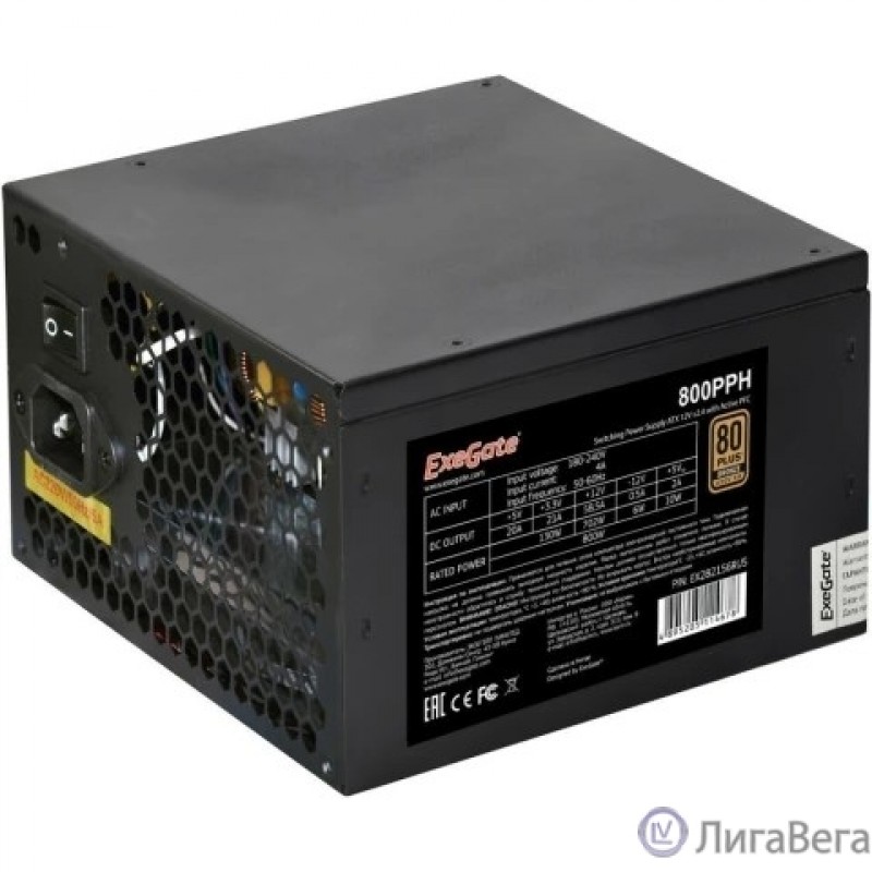 Exegate EX282156RUS-S Блок питания 800W ExeGate 80 PLUS® Bronze 800PPH (ATX, APFC, SC, КПД 89% (80 PLUS Bronze), 12cm fan, 24pin, 2x(4+4)pin, 4xPCI-E, 8xSATA, 4xIDE, RTL (color box), black, кабель 220 Exegate EX282156RUS-S Блок питания 800W ExeGate 80 PLUS® Bronze 800PPH (ATX, APFC, SC, КПД 89% (80 PLUS Bronze), 12cm fan, 24pin, 2x(4+4)pin, 4xPCI-E, 8xSATA, 4xIDE, RTL (color box), black, кабель 220