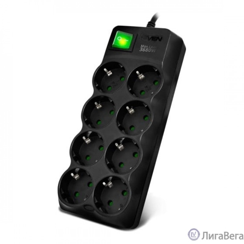 SVEN Фильтр SF-08E-16 1,8 м (8 розеток с защитными шторками,16А) черный, цветная коробка [SV-021603]