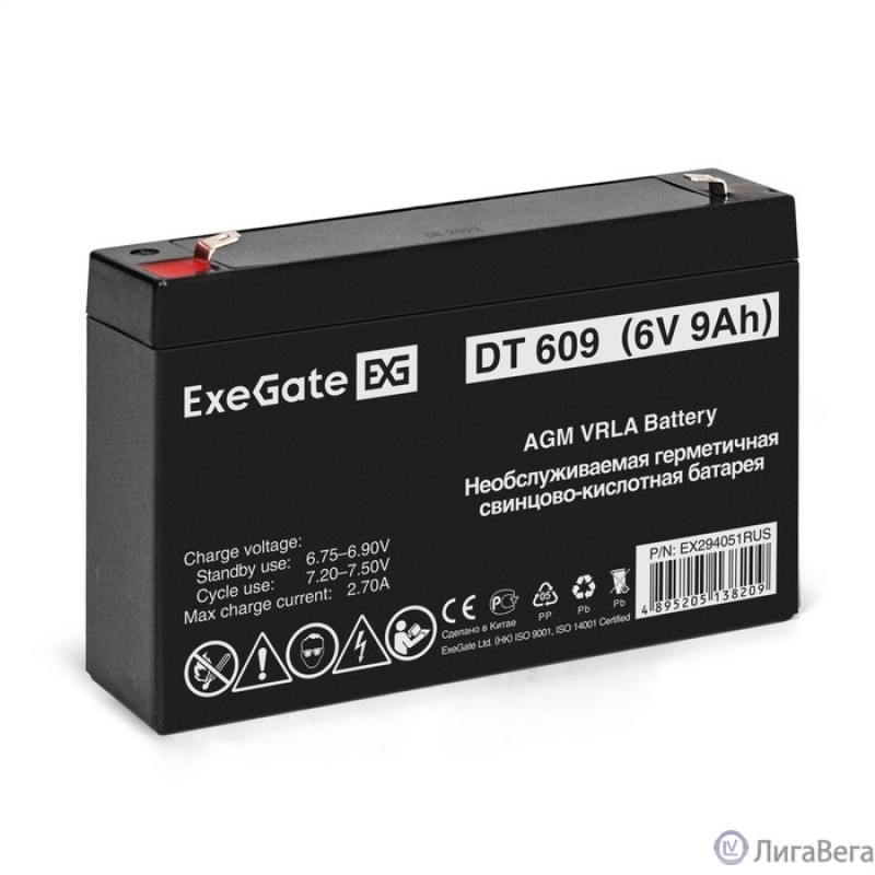 Exegate EX294051RUS Аккумуляторная батарея ExeGate DT 609 (6V 9Ah, клеммы F1) Exegate EX294051RUS Аккумуляторная батарея ExeGate DT 609 (6V 9Ah, клеммы F1)
